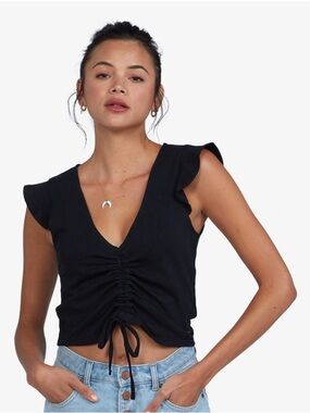 Roxy Black Flirty Vibe Ruched Crop Top size Small EUC